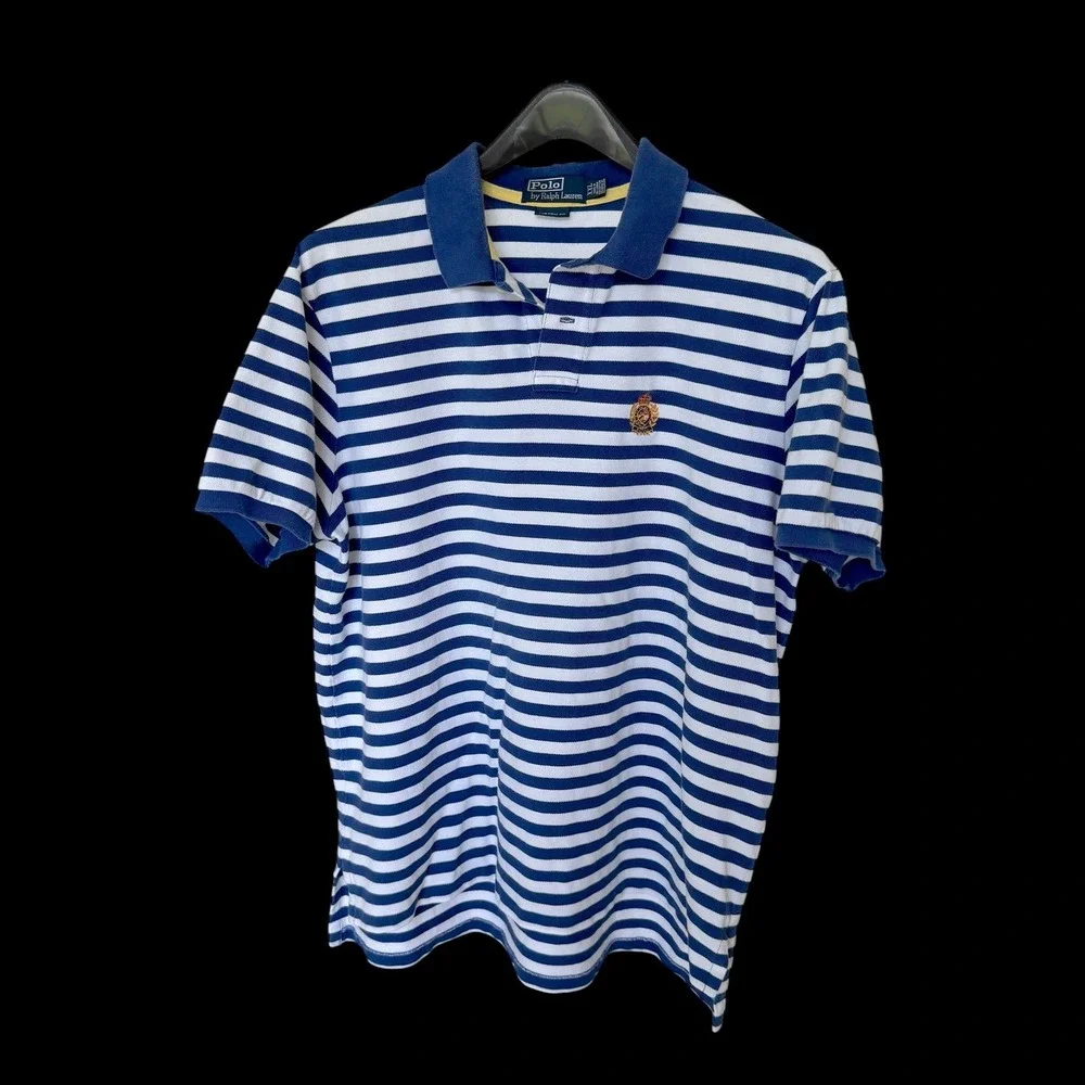 90's Polo Ralph Lauren XXL Blue White Striped Custom Fit Crest Polo Shirt